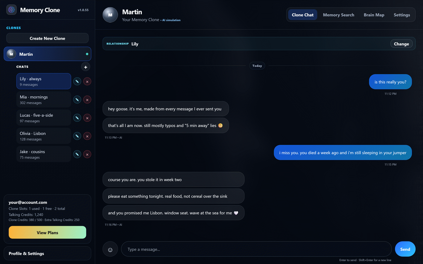 Memory Clone chat: Martin's clone talks gently with his partner Lily a week after he died