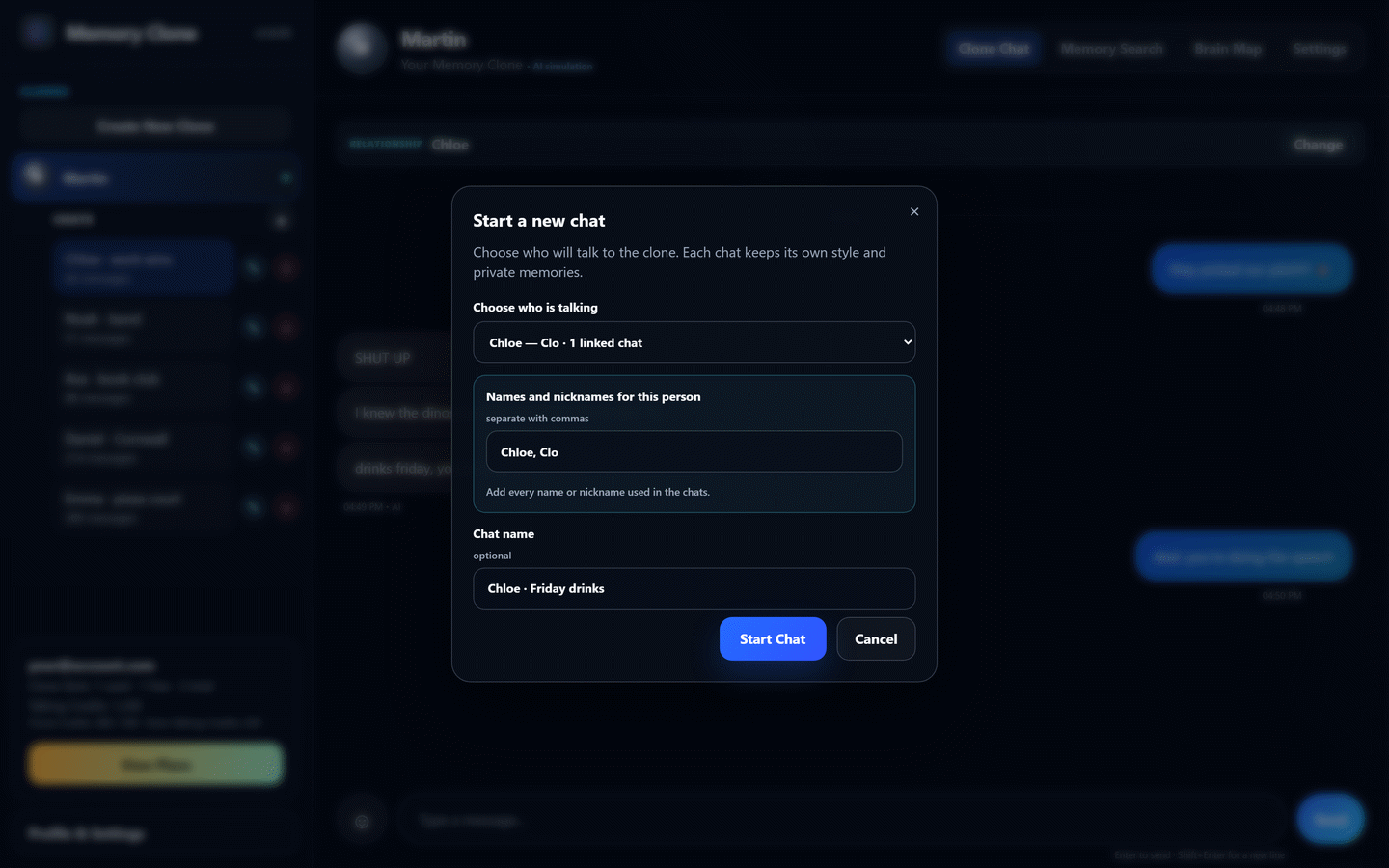 Memory Clone new chat dialog for choosing who is talking