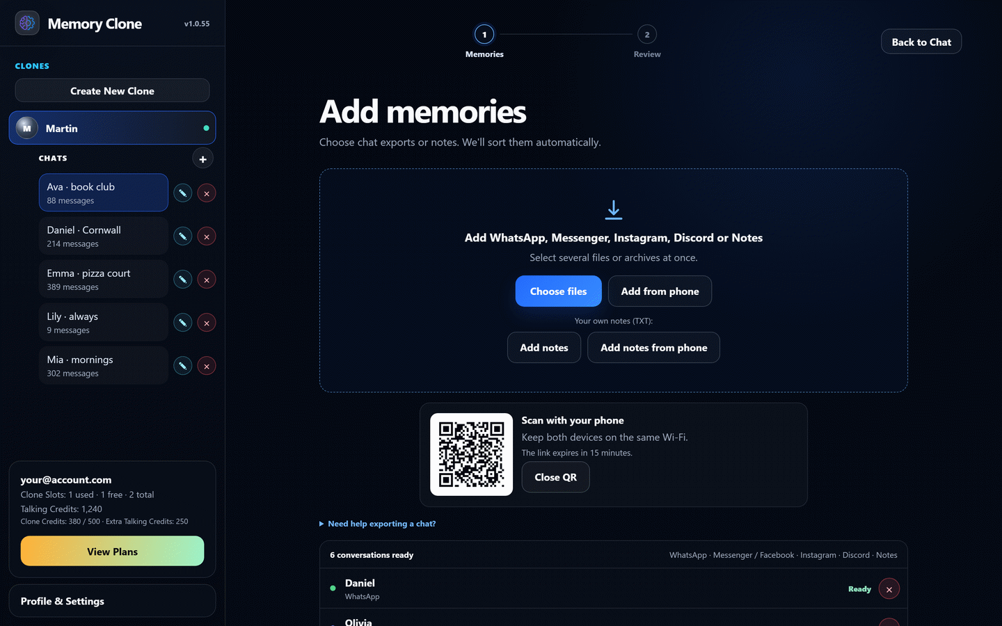 Memory Clone phone upload with a local Wi-Fi QR code